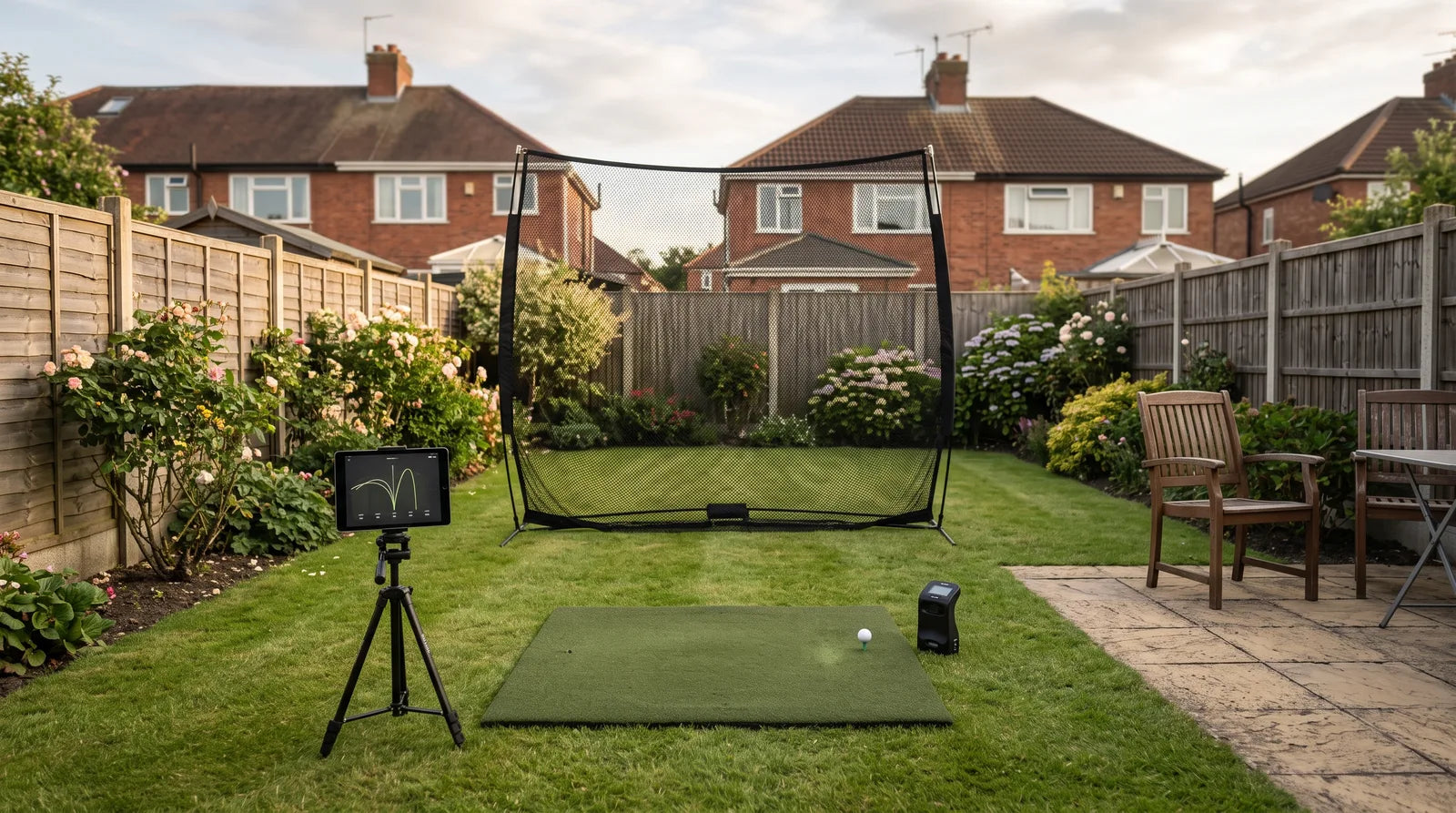 A golf practice net and hitting mat on a British back garden lawn on a summer evening, with a launch monitor beside the ball and a tablet on a stand